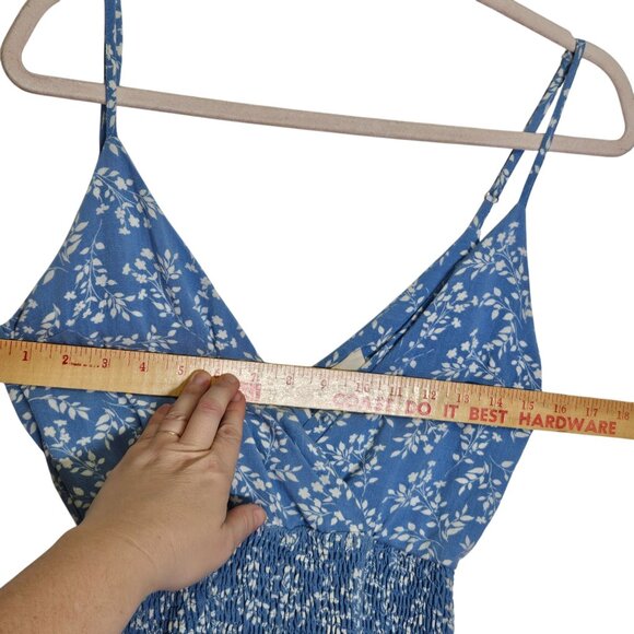 Blue & White Floral Smocked Mini‎ Dress S Ruffle Hem By Olive Tree Cottagecore - Picture 7 of 8